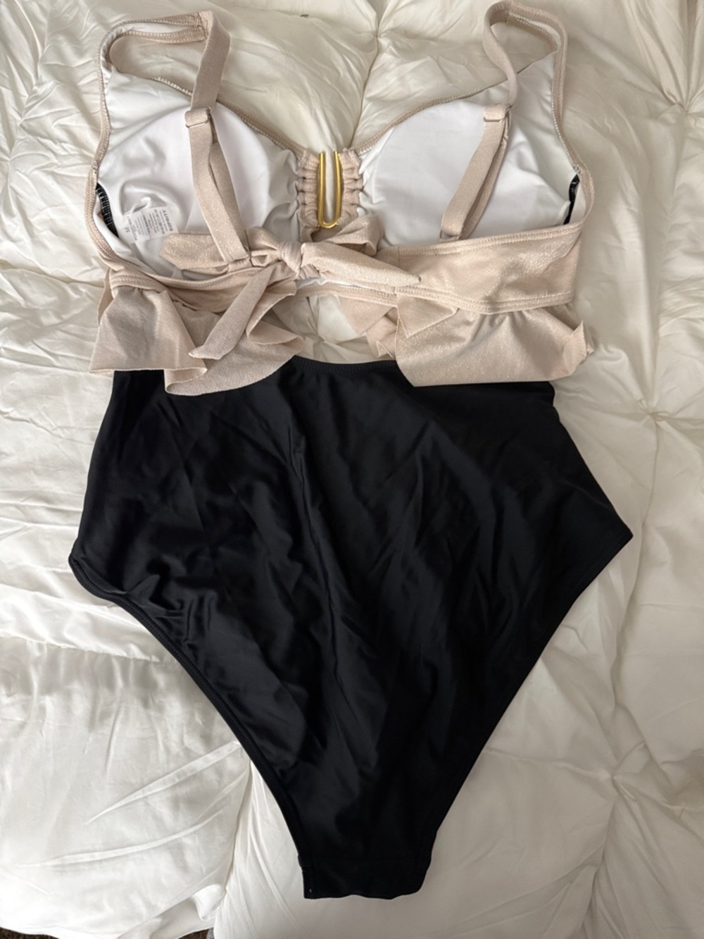 Two-Tone Ruffle One-Piece Swimsuit in Beige and Black - Picture 2 of 10